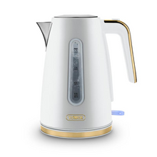 Load image into Gallery viewer, White plastic body kettle with champagne gold accents. Pop up lid. Clear water gauge on the side and a switch below the handle which lights up blue when in use.