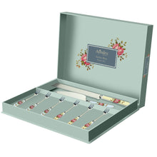 Load image into Gallery viewer, White Background. Aqua Display gift box with Pink Rose and green leaf accent motifs around the Navy Grey Aynsley Archive Rose box logo. Contains 1 serrated blade cake knife with yellow, floral, fine china handle. 1 Stainless Steel Cake slice with blue floral fine china handle. 6 stainless Steel pastry forks. 3 hand blue floral fine china handles and 3 have yellow.