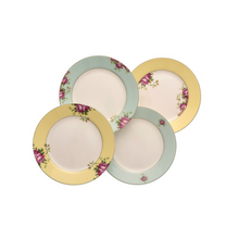 Load image into Gallery viewer, White background. 4 Aynsley Archive Rose Fine China Side Plates. 2 have a blue border, with pink roses and green leaves motif. 2 have a yellow border. 1 yellow border plate has pink roses and green leaves motifs on the border and 1 has them on the inside of the border on the white plate center. All plates have a white center.