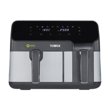 Load image into Gallery viewer, Large, rectangular air fryer with digital, pre-programmed panel across the top. A larger pull out basket to the left and a smaller pull out basket to the right. The digital panel is black, lighting up white. The body is grey and brushed steel.