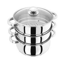 Load image into Gallery viewer, 1 Stainless Steel pot, 2 Stainless Steel tiered with 2 handles on each. 1 Glass lid.