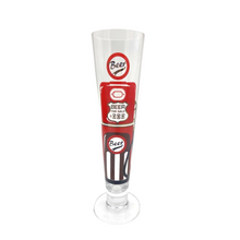 Load image into Gallery viewer, Tall slim Pilsner style beer glass wih red and black beer pump in the style of an american fuel pump.