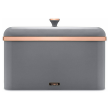 Load image into Gallery viewer, Rectangular large bread bin with lift off lid. Grey with Rose gold trim on Bin and knob.