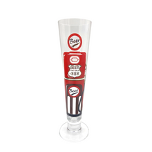 Load image into Gallery viewer, Tall slim Pilsner style beer glass wih red and black beer pump in the style of an american fuel pump.
