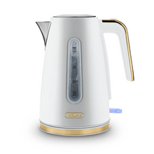Load image into Gallery viewer, White plastic body kettle with champagne gold accents. Pop up lid. Clear water gauge on the side and a switch below the handle which lights up blue when in use.
