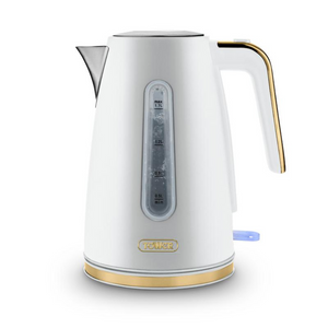 White plastic body kettle with champagne gold accents. Pop up lid. Clear water gauge on the side and a switch below the handle which lights up blue when in use.