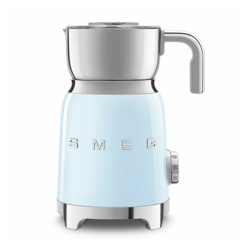 A retro style milk frother with a pastel blue body and chrome feet, handle and frother. 