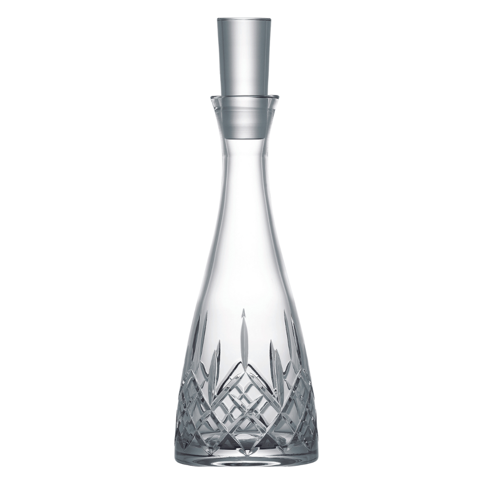 A traditionally cut tall decanter with plain stopper.