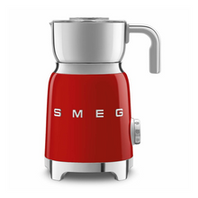 Load image into Gallery viewer, A retro style milk frother with a red body and chrome feet, handle and frother. 
