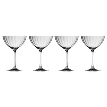 Load image into Gallery viewer, Set of 4 clear, ripple patterned champagne saucers. Perfect for celebrations or desserts.
