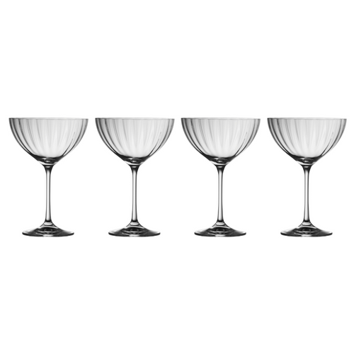 Set of 4 clear, ripple patterned champagne saucers. Perfect for celebrations or desserts.