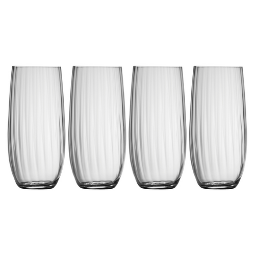 A set of 4 clear, ripple pattern tall hiball tumblers.