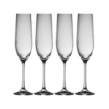 Load image into Gallery viewer, Set of 4 Clear, ripple patterned champagne flutes. Perfect for celebrations and mimosas.
