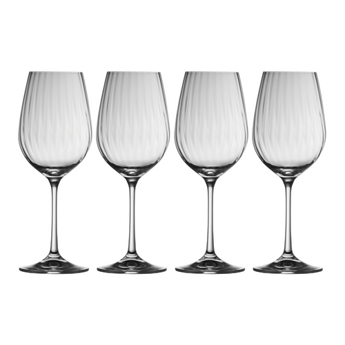 A set of 4 clear, ripple pattered wine glasses.