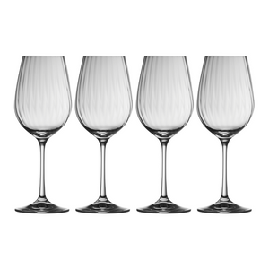 A set of 4 clear, ripple pattered wine glasses.
