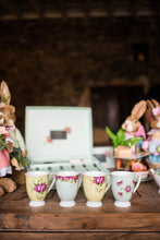 Load image into Gallery viewer, 4 Aynsley Archive Rose footed fine china mugs in a row on a wooden dining table and an Aynsley gift box and Easter themed rabbits blurred into the background. 2 Yellow and 2 blue. All with pink roses, green leaves and a delicate circles all over the background colour. All handles are facing right.
