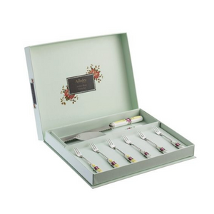 White Background. Aqua Display gift box with Pink Rose and green leaf accent motifs around the Navy Grey Aynsley Archive Rose box logo. Contains 1 serrated blade cake knife with yellow, floral, fine china handle. 1 Stainless Steel Cake slice with blue floral fine china handle. 6 stainless Steel pastry forks. 3 hand blue floral fine china handles and 3 have yellow.