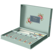 Load image into Gallery viewer, White Background. Aqua Display gift box with Pink Rose and green leaf accent motifs around the Navy Grey Aynsley Archive Rose box logo. Contains 1 serrated blade cake knife with yellow, floral, fine china handle. 1 Stainless Steel Cake slice with blue floral fine china handle. 6 stainless Steel pastry forks. 3 hand blue floral fine china handles and 3 have yellow.
