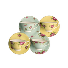 Load image into Gallery viewer, White Background. Aynsley Archive Rose set of 4 teacups and matching saucers. 2 yellow and 2 blue. Pink roses and green leaves motifs are placed at random on both the teacups and the saucers. Fine china white inside.
