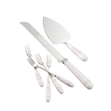 Load image into Gallery viewer, White Background. The Aynsley Charbagh Pastry Set is laid out on display. Stainless Steel with White Fine Porcelain handles. A delicate persian and indian inspired motif on each handle. The set contains 1 Cake Slice, 1 Serrated Blade Cake Knife and 4 pastry forks.
