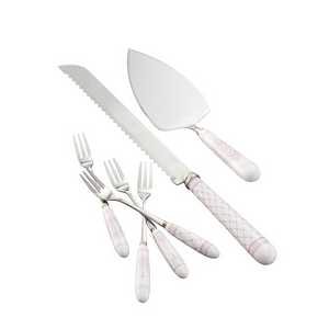 White Background. The Aynsley Charbagh Pastry Set is laid out on display. Stainless Steel with White Fine Porcelain handles. A delicate persian and indian inspired motif on each handle. The set contains 1 Cake Slice, 1 Serrated Blade Cake Knife and 4 pastry forks.