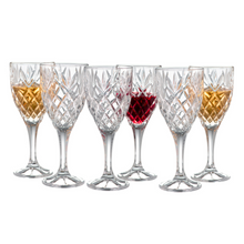 Load image into Gallery viewer, A set of 6 clear, traditionally cut wine glasses.
