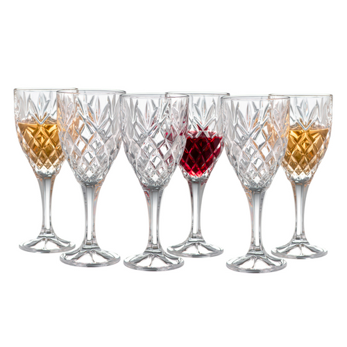 A set of 6 clear, traditionally cut wine glasses.