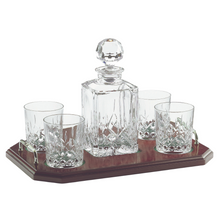 Load image into Gallery viewer, Set of 4 Clear, traditionally cut short DOF glasses and matching decanter, stopper and mahogany finish serving tray with chrome handles.
