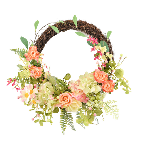 A hand crafted door wreath with half vine and half floral display. There are sprigs of hydrangea, roses, leaves and ferns.