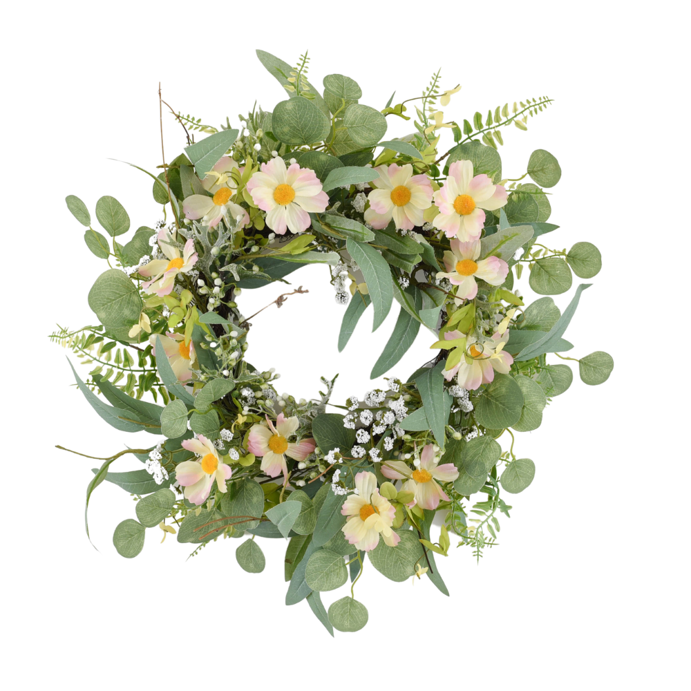 A hand crafted spring themed door wreath featuring a soft pink flower, plenty of green leaves and some sprigs of baby's breath.