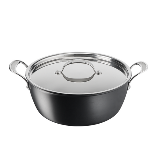 Round hard anodized deep pot with 2 stainless steel handles and stainless steel lid.