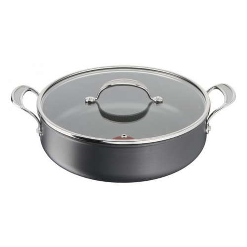 Round shallow hard anodized saute-style pan with 2 stainless steel handles and glass lid.