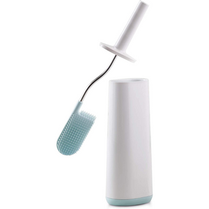 A white holder with a light blue base. It houses a toilet brush with a a white handle, stainless steel rod and a light blue silicone brush head.