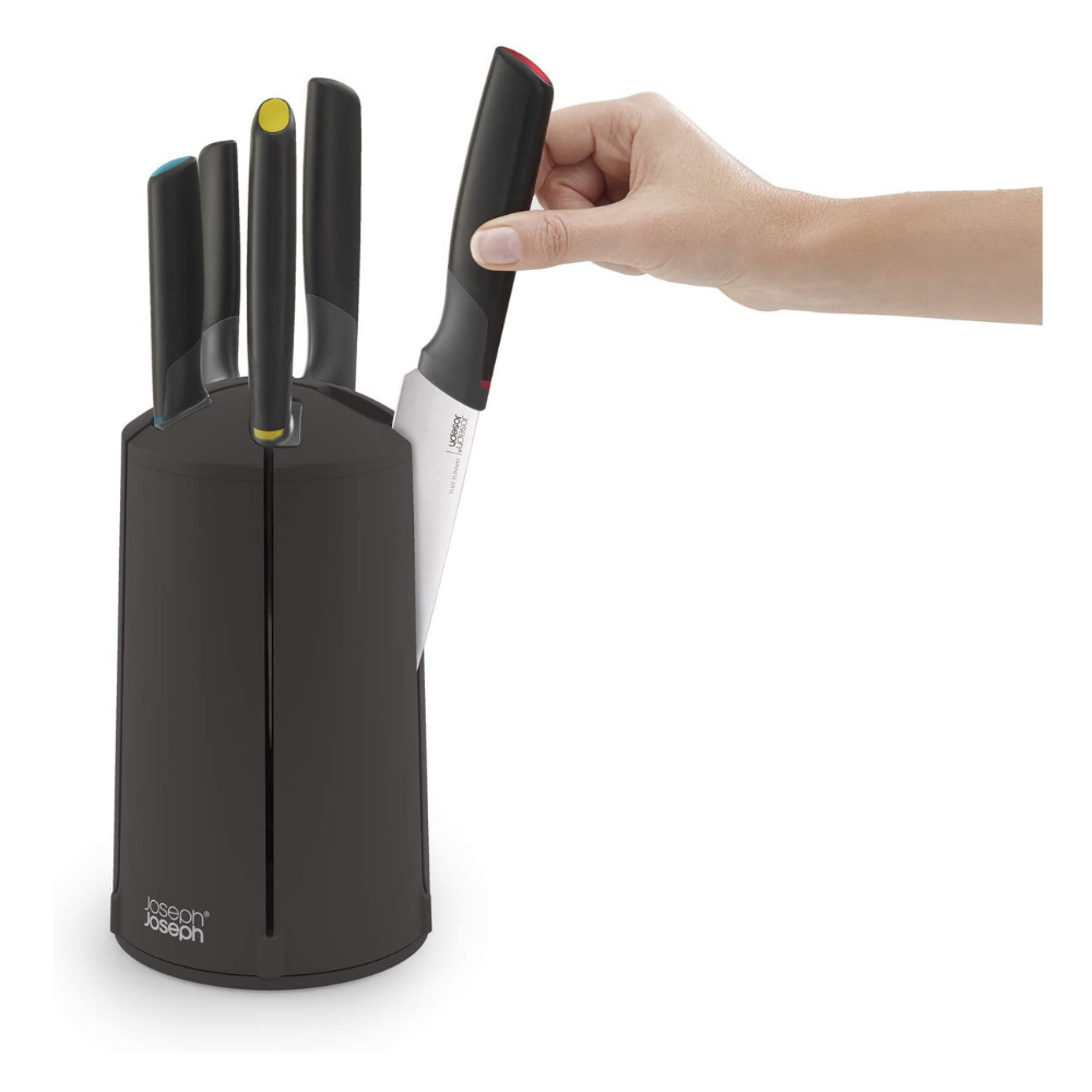 A round, swivel base knife block with colour coded magnetic slots and handles. 