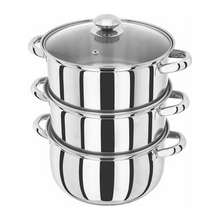 Load image into Gallery viewer, Stainless Steel pot with 2 Stainless steel tiers, all with 2 handles each. Glass lid.

