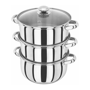 Stainless Steel pot with 2 Stainless steel tiers, all with 2 handles each. Glass lid.