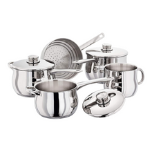 Load image into Gallery viewer, 14cm Milkpot with no lid, 16cm Saucepan with lid, 18cm Saucepan with lid, 20cm saucepan with lid, long handled steamer insert which fits 16, 18 and 20cm saucepans. All mirror finished stainless steel. 16, 18 and 20cm saucepans all have small helper handles across from the long, stay cool handle.
