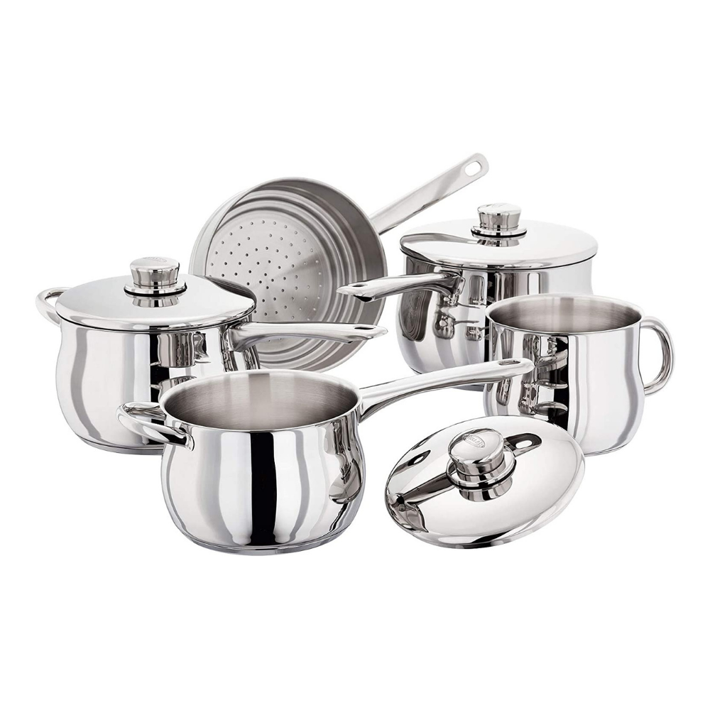 14cm Milkpot with no lid, 16cm Saucepan with lid, 18cm Saucepan with lid, 20cm saucepan with lid, long handled steamer insert which fits 16, 18 and 20cm saucepans. All mirror finished stainless steel. 16, 18 and 20cm saucepans all have small helper handles across from the long, stay cool handle.