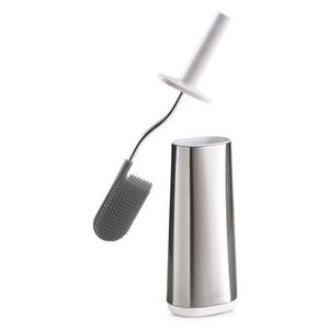 A stainless steel holder which houses a toliet brush with a white handle, a stainless steel rod and a silicone head.