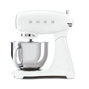 White Background. Smeg 50s Retro Stand Mixer. The body of the mixer is White. There are the letters S, M, E and G embossed in chrome on either side of the machine. It has a Stainless Steel 4.8L bowl and beaters. The speed control is a chrome level on the top of the machine. The top lifts up by pressing in a button at the back of the motor case.