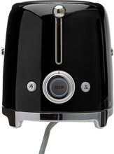 Load image into Gallery viewer, A side view of the toaster. Black body with silver pressed down lever, defrost button, reheat button and stop button.
