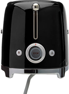 A side view of the toaster. Black body with silver pressed down lever, defrost button, reheat button and stop button.