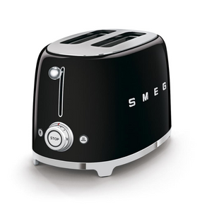 White Background. Black Smeg 50's Style Retro 2 Slice Toaster with silver embossed letters S M E and G across the front. A silver press down lever, turning temperature knob, defrost, reheat and stop buttons. The toaster is chrome at the top and bottom.