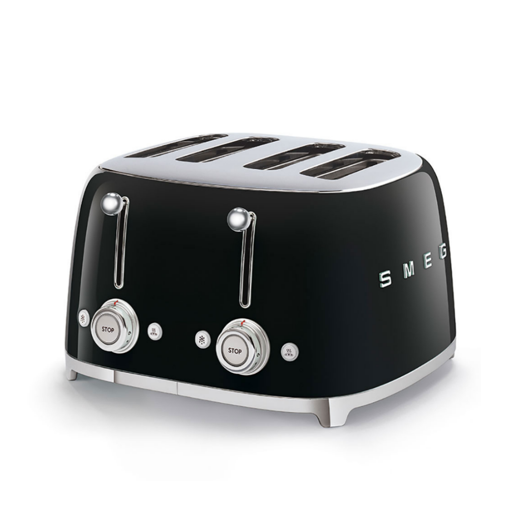 White Background. Smeg 50's Retro Black 4 Slice Toaster. The body of the toaster is black with chrome letters S, M, E and G embossed on either side. The top, base, levers, knobs and buttons are all chrome. There are two push down levers, two browning knobs, two defrost, two reheat and two stop buttons. One for each set of 2 slots.