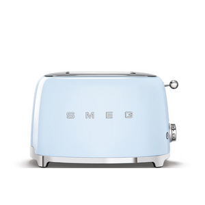 A front view. White Background. Smeg 2 slice 50's retro toaster. The body is Pastel blue and it is chrome at the top and bottom. There are chrome S M E and G letters embossed on the front and back. The push down leaver, browning knob, defrost, reheat and stop buttons are all chrome.