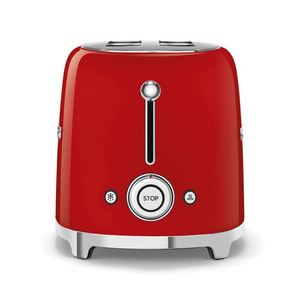 Side View. White Background. Smeg Red 50s Retro 2 Slice Toaster. The body of the toaster is red with chrome letters S, M, E and G embossed on both sides. The top and base are chrome. The push down lever, defrost, reheat, stop buttons and browning knob are all chrome.