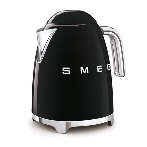 White Background. Smeg 50s Retro 1.7L Kettle. The body of the kettle is Black. There are chrome letters S, M, E and G embossed on each side. The lid is push button release. The spout, Handle, on/off lever and base are chrome. There is a water level window in line with the handle.