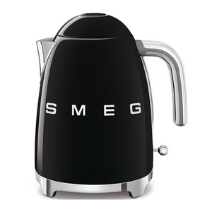 Front View. White Background. Smeg 50s Retro 1.7L Kettle. The body of the kettle is Black. There are chrome letters S, M, E and G embossed on each side. The lid is push button release. The spout, Handle, on/off lever and base are chrome. There is a water level window in line with the handle.