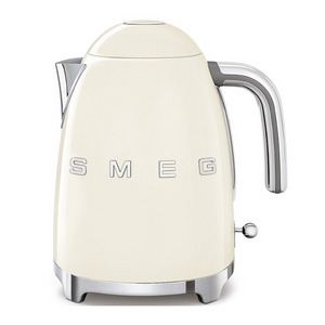Front View. White Background. Smeg 50s Retro 1.7L Kettle. The body of the kettle is Cream. There are chrome letters S, M, E and G embossed on each side. The lid is push button release. The spout, Handle, on/off lever and base are chrome. There is a water level window in line with the handle.
