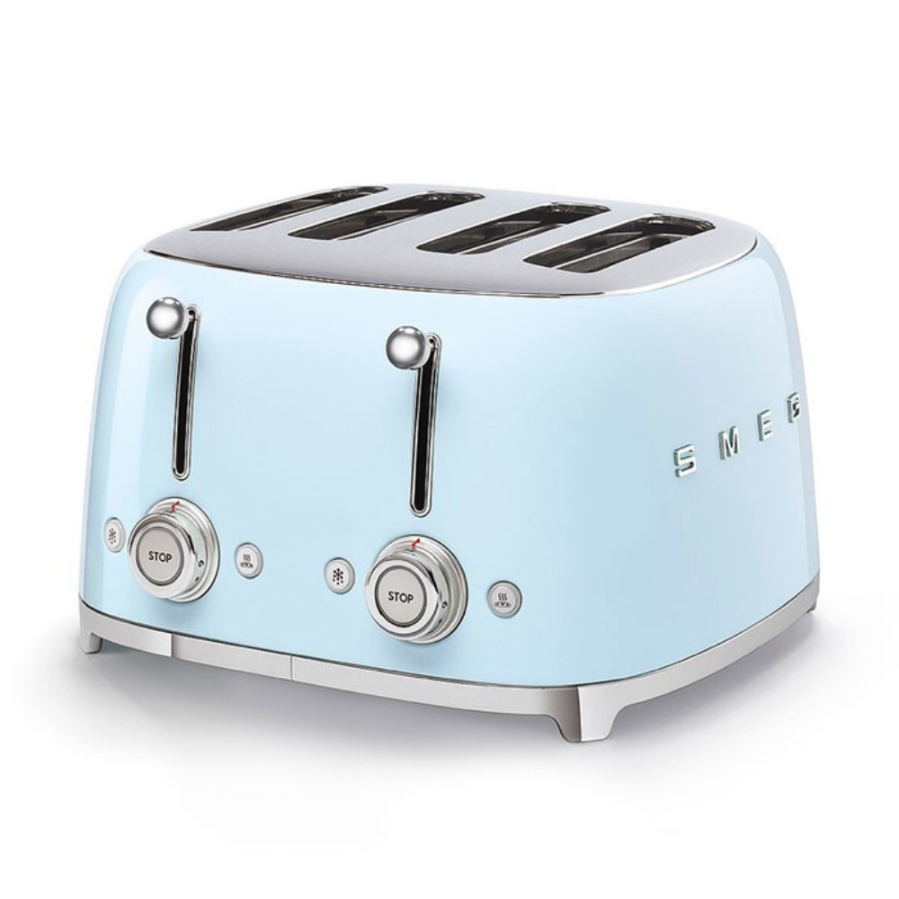 White Background. Smeg 50's Retro Pastel Blue 4 Slice Toaster. The body of the toaster is Pastel Blue with chrome letters S, M, E and G embossed on either side. The top, base, levers, knobs and buttons are all chrome. There are two push down levers, two browning knobs, two defrost, two reheat and two stop buttons. One for each set of 2 slots.